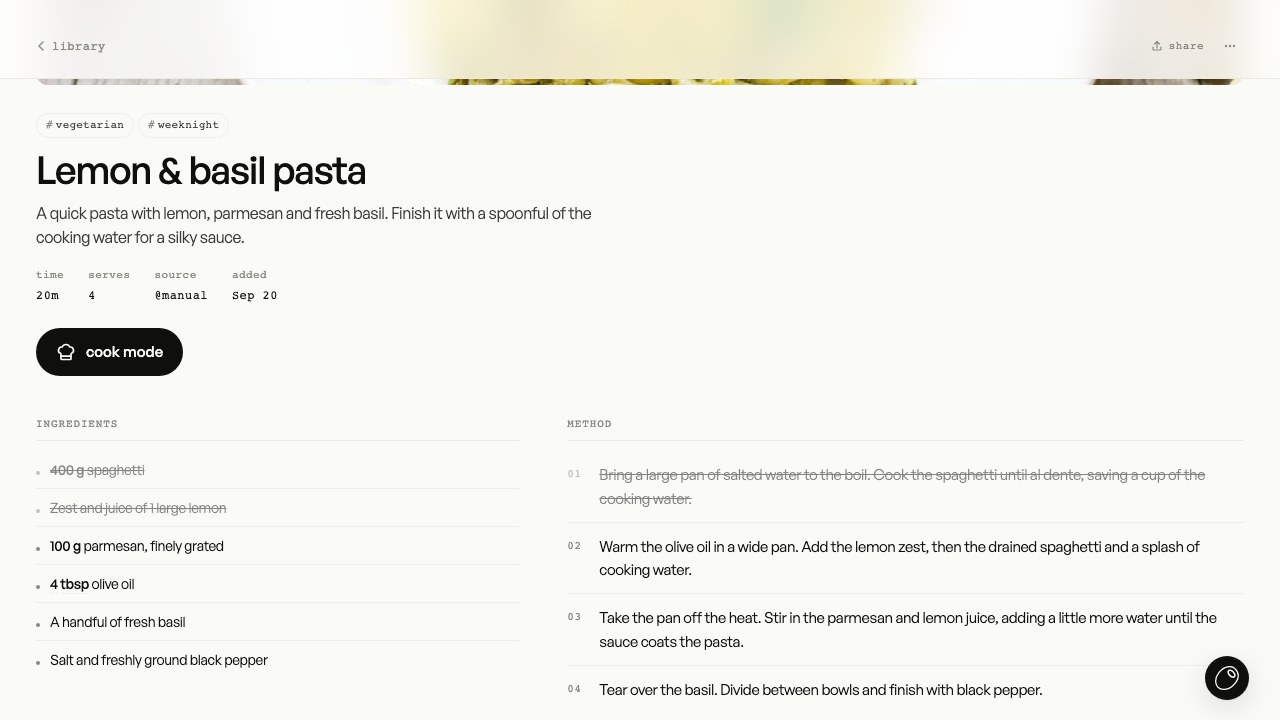 The lemon and basil pasta recipe scaled to four servings, with two ingredients and the first step checked off