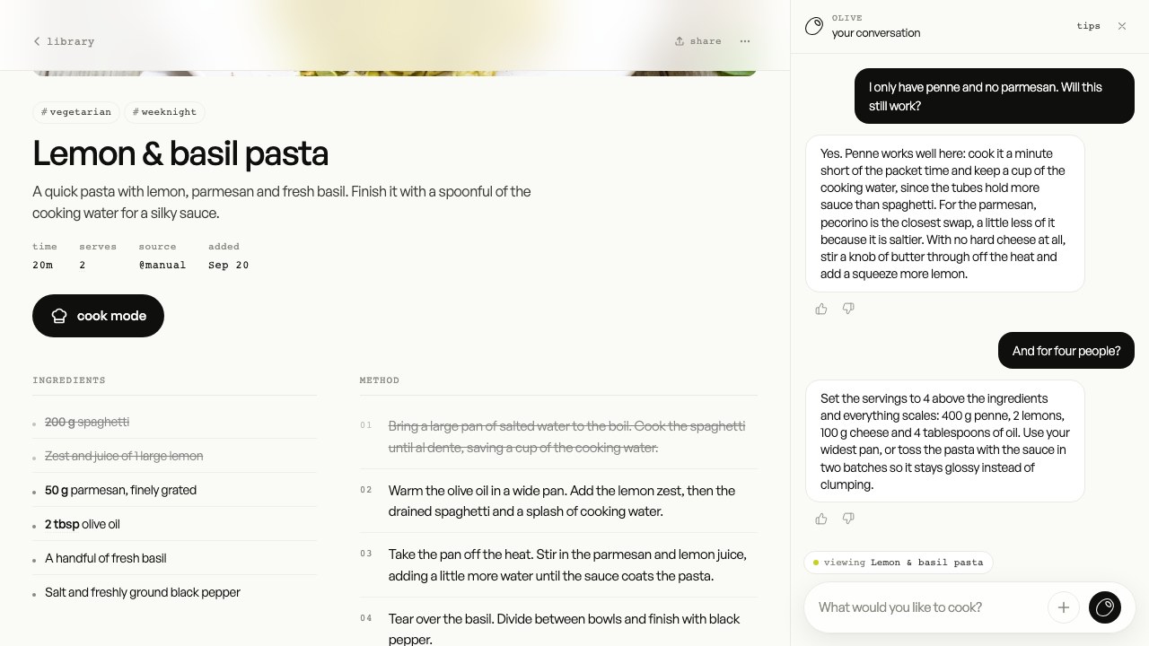 Olive open beside the lemon pasta recipe, answering a question about swapping the pasta and the cheese
